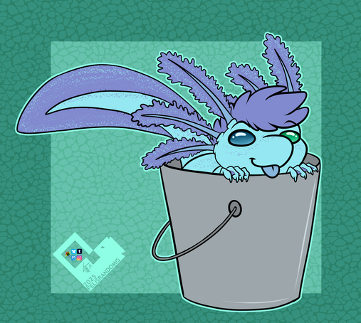 Digital art of an axolotl character sitting in a bucket, poking their head over the edge, his tail also stickin' out the other side