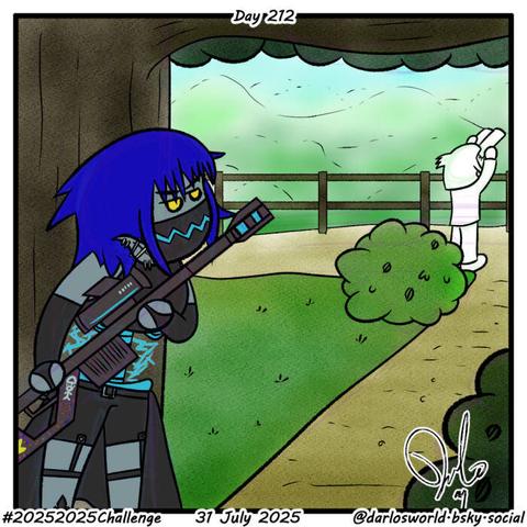 Drawing of Vex holding their weapon standing behind a tree, looking out at Darlo who is bird watching.