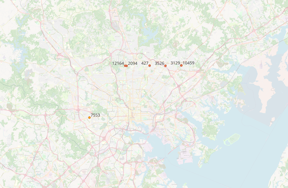 GIS map of Baltimore with a Smith Island cake layer thin set of bus stop numbers, and one outlier.
