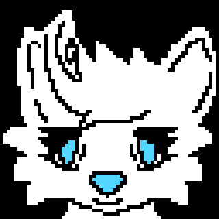 A pixelated wolf head that bobs up and down. Only a little of the neck is visible. She’s white with light blue eyes and her nose is also the same color. The background is black.