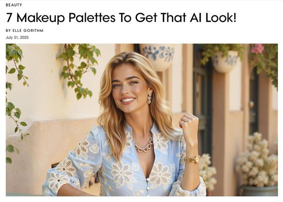 Article titled "7 Makeup Palettes To Get That AI Look!" by Elle Gorithm, July 31, 2025. It features a picture of an AI woman from the Guess clothing ad that appeared in Vogue that was generated by AI