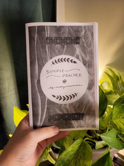 A white hand holding a black and white copy of a zine titled "simple practice" in front of a backlit pothos plant.