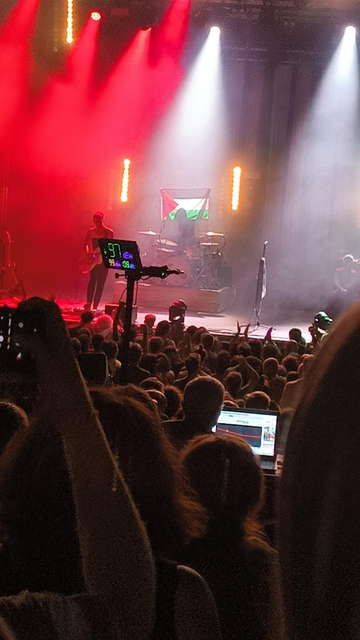 Vue partielle d’un concert avec pas mal de têtes au premier plan, un indicateur de décibels au milieu qui dit qu’on se faisait maraver les tympans et la scène au fond baignée dans des lumières rouge, blanc (et vert, mais c’est hors cadre) et où on voit le batteur qui déploie un drapeau palestinien.
À la place de la chanteuse, le micro tout seul arbore un keffieh.