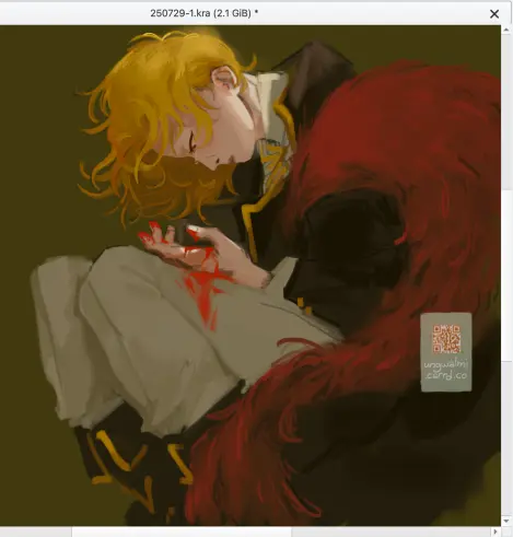 A rough sketch of Sancho from Limbus Company, curled up in the dark with blood pooled in her palm.