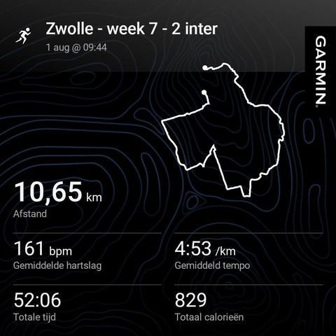 statistieken uit de Garmin app: 10,65 km in 52 minuten en 6 seconden. Gemiddeld tempo 4:53 per km