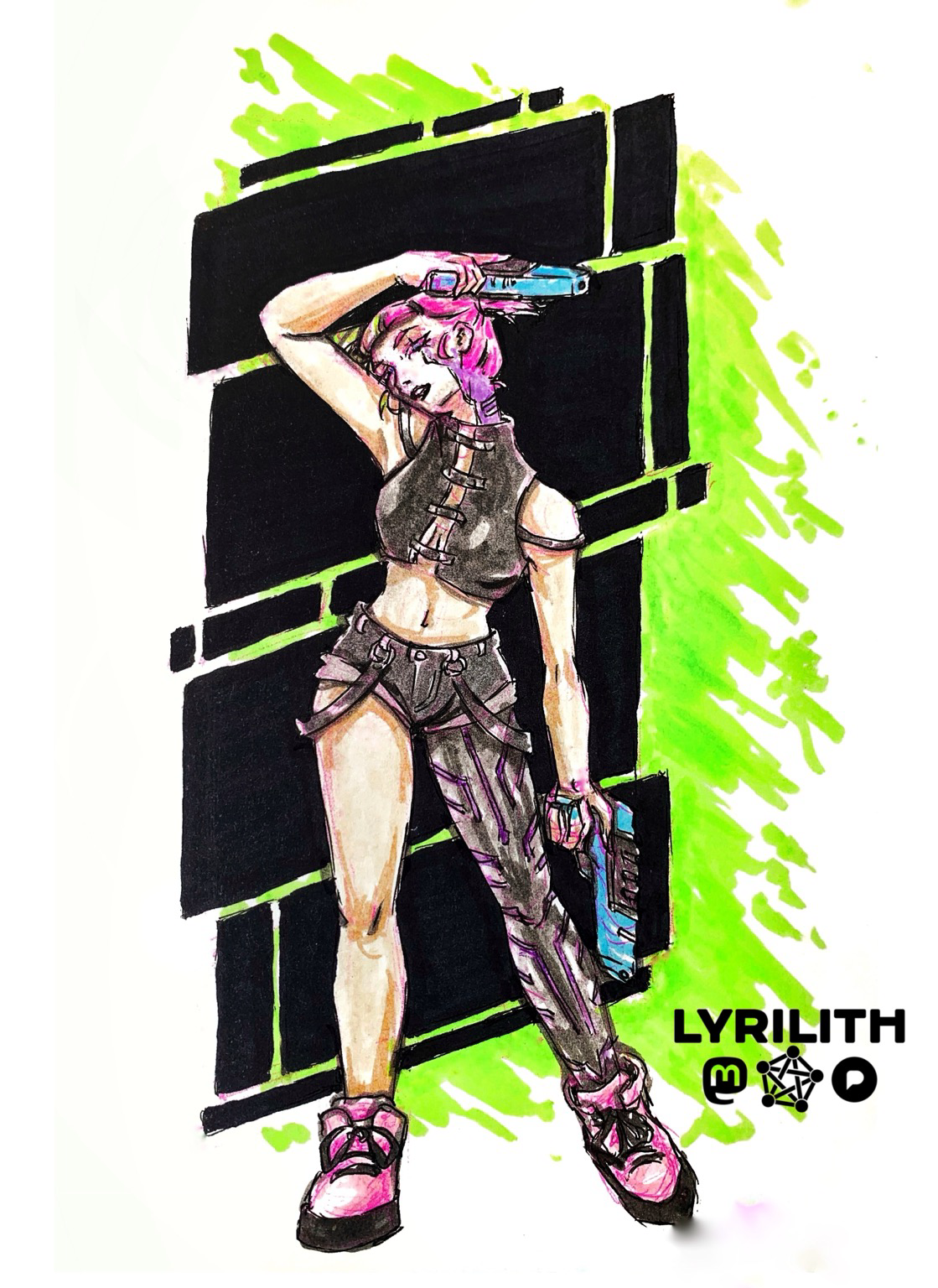 Full body drawing of a young woman with a cybernetic leg, holding two guns. She is posing with one gun over her head, elbow up, her head leaning towards it. The other hand is casually holding the second gun downwards along her cybernetic leg. Behind her glitch like black shapes give contrast with bright green splatter behind them.