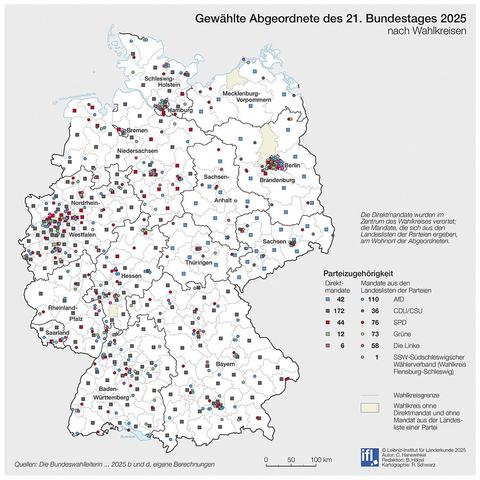 Die Deutschlandkarte zeigt die gewählten Abgeordneten des 21. Bundestages 2025 nach Wahlkreisen. Dargestellt ist die Parteizugehörigkeit der Direktmandate sowie der Mandate aus den Landeslisten der Parteien in Form unterschiedlich farbiger Quadrate bzw. Kreise. Karte: © Leibniz-Institut für Länderkunde