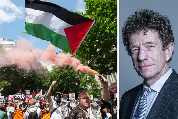 Two photographs side by side, the first showing a demonstration supporting Palestine and the second Edward Faulks, chair of IPSOS