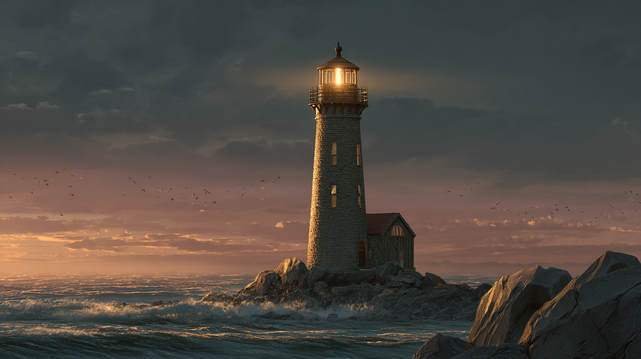 Sentinelle du crépuscule.
Phare solitaire baigné par la lumière dorée du couchant, perché sur un îlot rocheux battu par les vagues.
Lone lighthouse bathed in golden sunset light, standing on a rocky islet surrounded by waves.