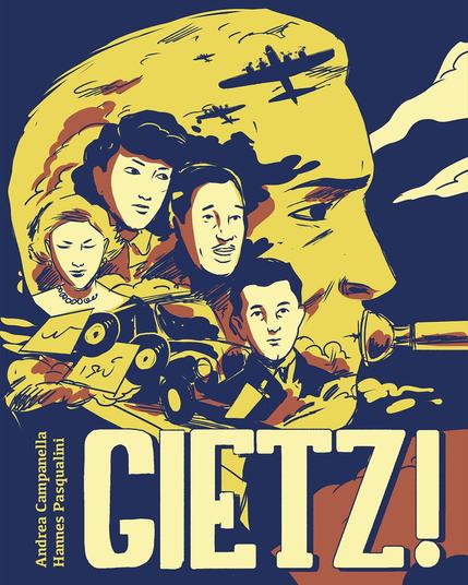 A digital sketch showing an early cover for Giètz. The composition shows a large head of the protagonist, while he's playing the trumpet, within which we see the heads of 4 of the main characters of the story. The spaces are futher filled by a car, and various records