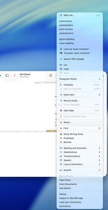 The context menu for a misspelt word in the Notes app on Mac. It fills the nearly the entire height of a 27-inch screen. Add link, spell suggestions, look up, translate, search with Google, cut/copy/paste, paragraph styles, checklist options, move item up or down, add audio/highlights/tables, paste and match style, share, font options, AI writing tools, spelling, substitutions, transformations, speech, layout orientation, autofill, continuity camera, macOS services.