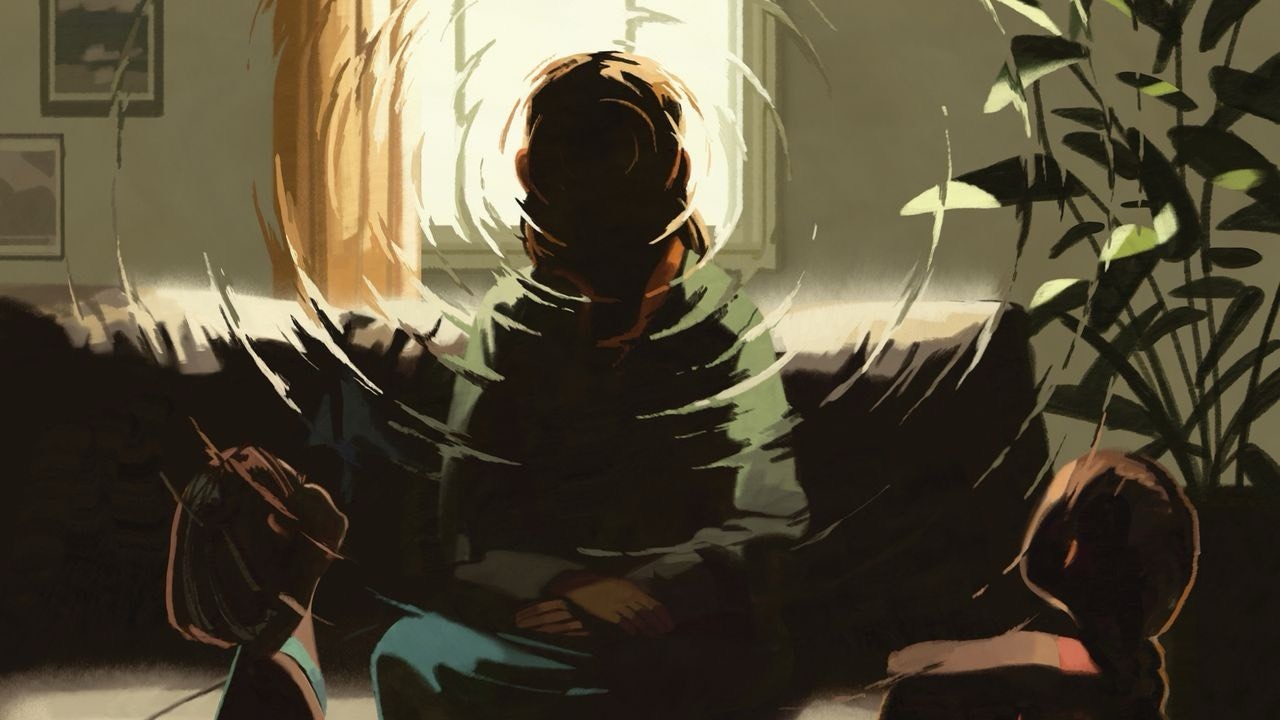 Drawing of a figure sitting on a sofa with a small child looking up the entire Picture looking as if it is behind a wall of water