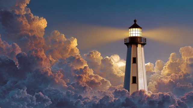 Rêve du Gardien.
Phare majestueux émergeant d’une mer de nuages aux teintes crépusculaires, baigné d’une lumière onirique.
Majestic lighthouse rising from a sea of twilight-colored clouds, bathed in dreamlike light.