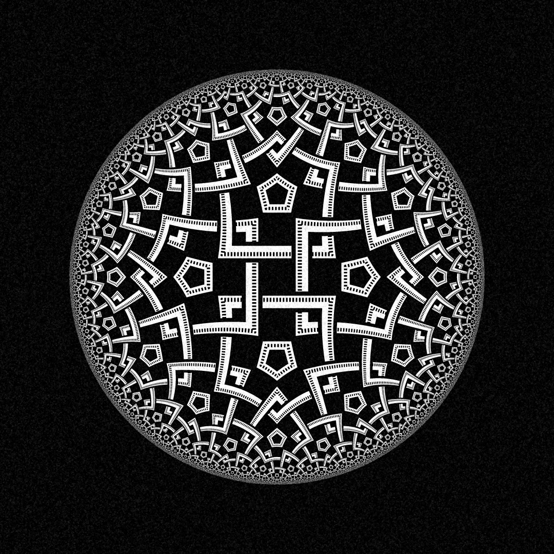 A circle covered with a black and white repeating pattern made of interlocked pentagons, vanishing into infinity as it gets closer to the circle's edge.