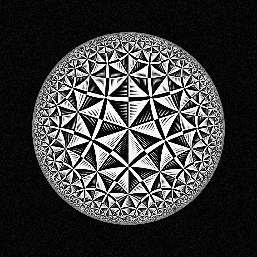 A circle covered with a black and white repeating pattern made of shaded hexagons, vanishing into infinity as it gets closer to the circle's edge.