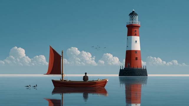 Veille de midi.
Petit voilier rouge immobile face à un phare rayé, sous un ciel clair et baigné de lumière du midi.
Small red sailboat motionless before a striped lighthouse, under a clear sky bathed in midday light.