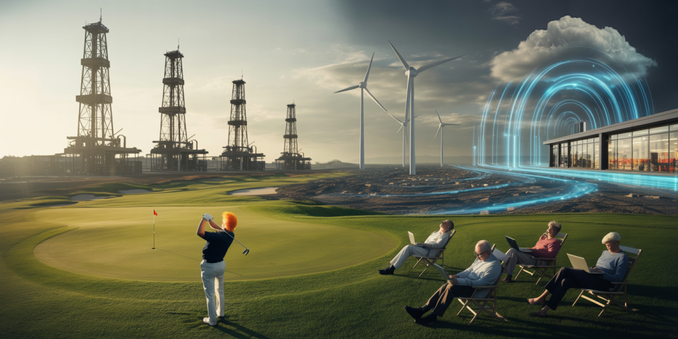 A dramatic, high-contrast photomontage depicting a surreal juxtaposition of modern and industrial elements. At the center sits a pristine golf course bathed in sunlight, where a golfer with vibrant orange hair, reminiscent of Donald Trump, stands mid-swing. Towering over the fairway are five imposing oil drilling rigs, while the landscape fades into a rough, misty terrain dotted with giant wind turbines, connecting to a sleek, modern supermarket with a glass facade emitting glowing WLAN signals and digital data streams to a hovering cloud. In the foreground, elderly individuals and part-time workers recline in lawn chairs, subtly ironically engaged in reading and phone calls on their laptops, all under a slightly overcast sky.