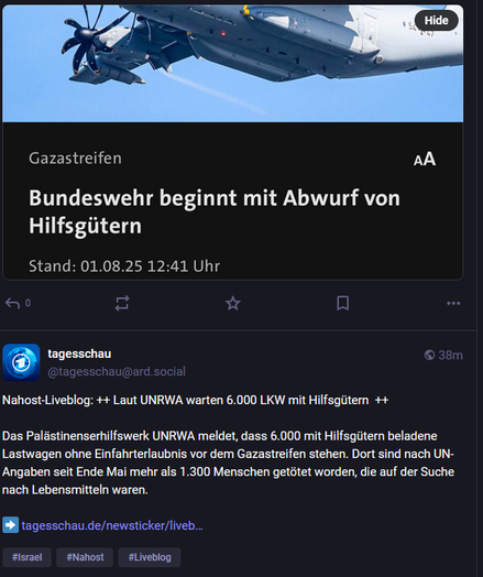 Screenshot von zwei Meldungen: oben "Bundeswehr beginnt mit Abwurf von Hilfsgütern", unten die Tagesschau-Meldung "Laut UNRWA warten 6000 LKW mit Hilfsgütern".