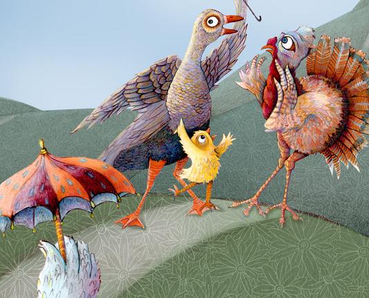 Colorful drawing illustrating a passage in the classic story, "Chicken Little". It depicts on the left 3 distressed fowl: a rooster, chicken and duck. They are holding tiny umbrellas and staring down the road at a little yellow chick, desperately telling goose and turkey about the sky falling down and the inevitable end of the world.