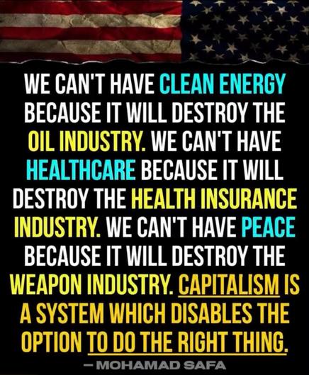 WE CAN'T HAVE CLEAN ENERGY
BECAUSE IT WILL DESTROY THE
OIL INDUSTRY. WE CAN'T HAVE
HEALTHCARE BECAUSE IT WILL
DESTROY THE HEALTH INSURANCE
INDUSTRY. WE CAN'T HAVE PEACE
BECAUSE IT WILL DESTROY THE
WEAPON INDUSTRY. CAPITALISM IS
A SYSTEM WHICH DISABLES THE
OPTION TO DO THE RIGHT THING.

- MOHAMAD SAFA