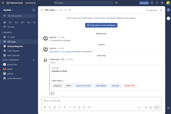 Screenshot: Mattermost uses slash commands to launch active plugins.