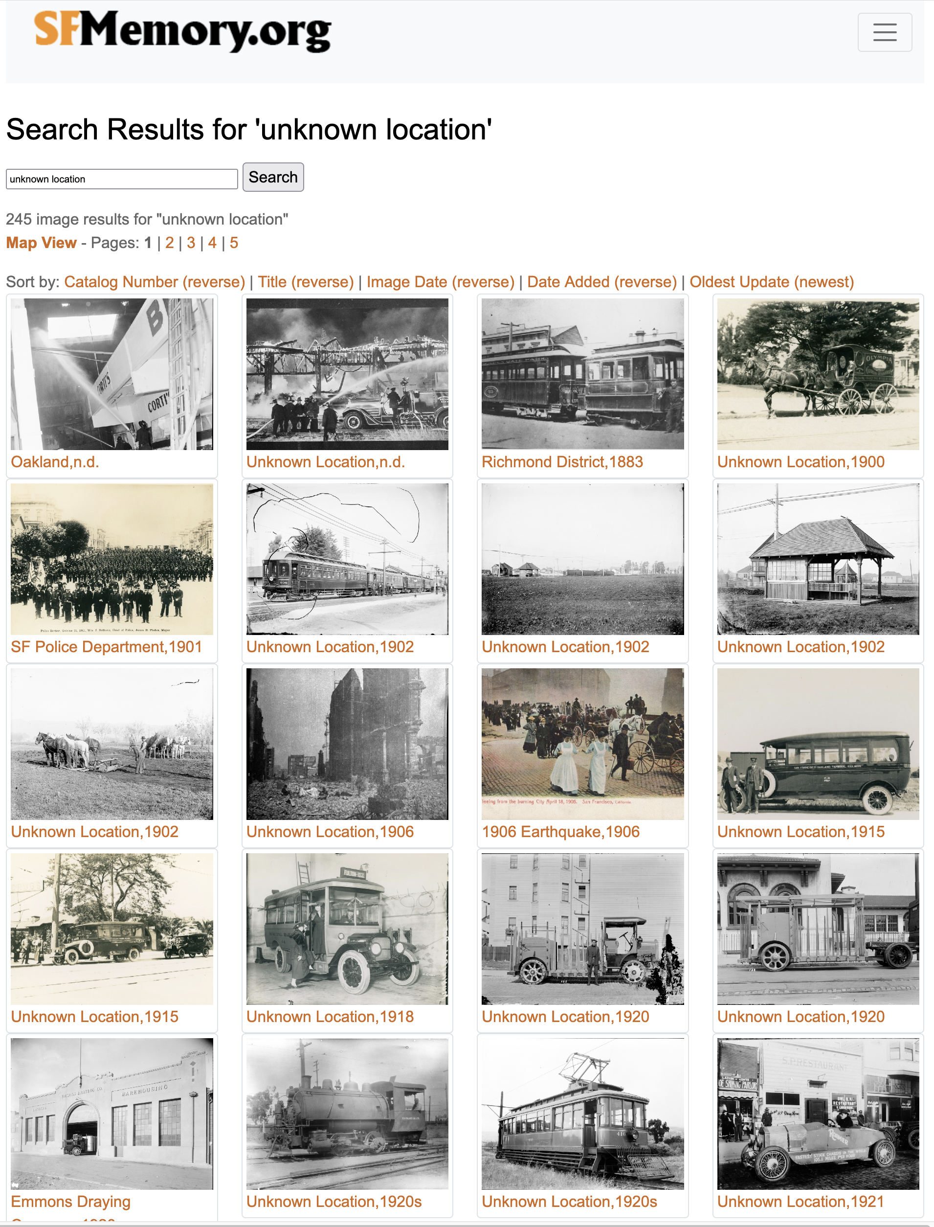 Screen capture from SFMemory.org, showing thumbnail views of images with the title "Unknown Location"
