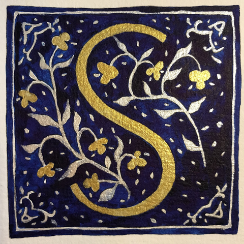 Calligraphy of a S letter with ornaments in a medieval style.