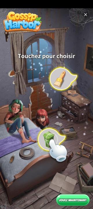 Publicité pour le jeu vidéo Gossip Harbor. On y voit une femme sur un lit tenant un bébé dans ses bras. À côté d'elle une petite fille est debout. Tout le monde tremble de froid et la pièce démontre la pauvreté des personnages.