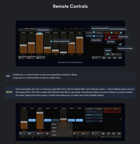 Section of the new reworked handbook for r-kontrol - showing the new also reworked remote control parameters and track/devices