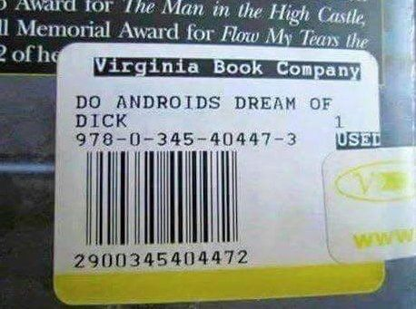 A price sticker for a book that due to the alignment of the text says do androids dream of dick