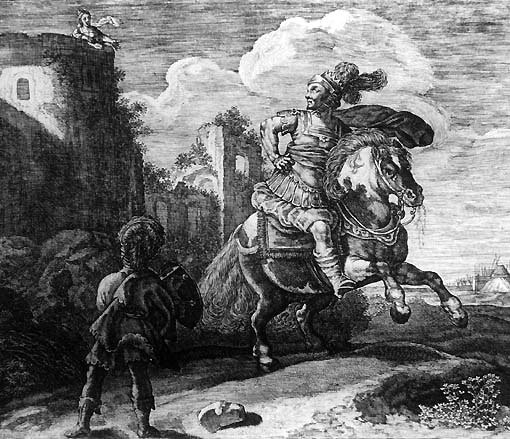 Gravure en noir et blanc du XVIIe siècle illustrant les Métamorphoses d'Ovide.
Devant un décor de château, Minos, en casque à panache et armure à jupette comme un héros de roman de 1650, se trouve sur un cheval cabré, deux sabots en l'air. Il regarde en arrière. En effet, sur un tour du château, une jeune femme tend les bras vers lui.