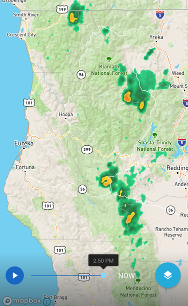 Radar map of California's North Coast region showing a couple of thunderstorms.