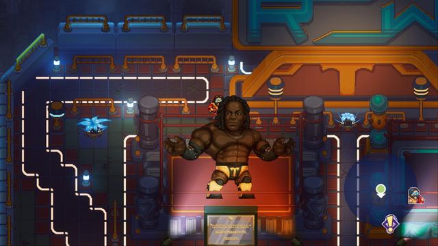 In a dimly lit arena, two wrestlers stand atop roped platforms, their bodies poised for combat. The wrestler on the left, clad in white trunks with accents of blue and gold, faces his opponent, who sports black trunks trimmed in gold. Between them, the referee watches intently from a high podium. The background is filled with spectators, their faces indistinguishable, absorbed in the imminent battle.