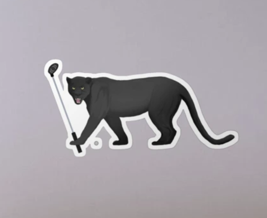 Our panther mascot is playing golf, as shown on a sticker.