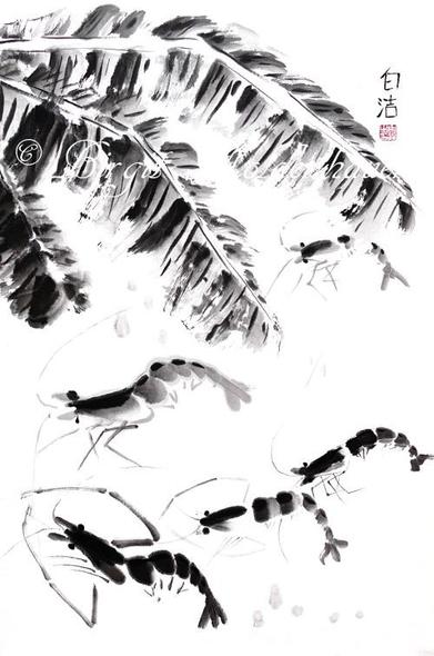 Crayfish with Banana Leaf is painted in traditional Chinese free style (Xie Yi) technique with ink on rice paper.