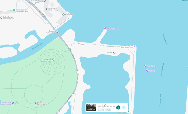 Screenshot from Google Maps showing there the Parklands Circuit shared used path meets Bennelong Parkway, and the walking/cycling routes on the other side of the road that it links up to, if you can get across the road without being run over.