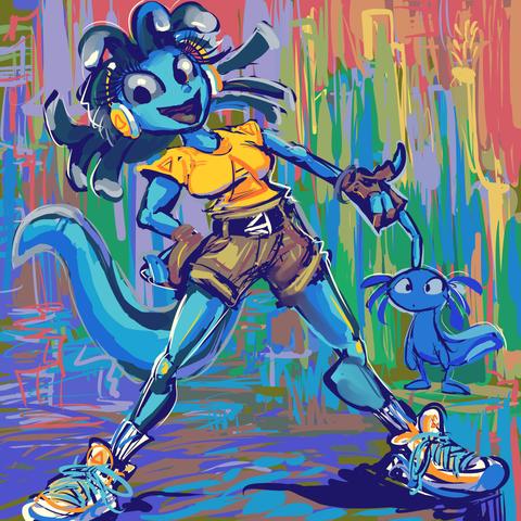 blue skinned anthropomorphic figure with somewhat axolotl-type traits wearing sneaker shoes and fingerless gloves and smiling at the viewer while poking the head of a smaller slightly less anthropomorphized axolotl in front of a hurried abstract background