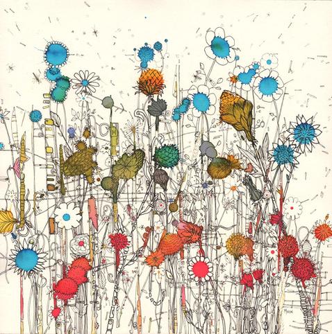 Brightly coloured drawing of flowers made of ink splashes and fine black lines