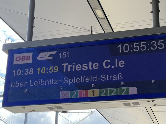 Odjezdová vlaková cedule s cílovou stanicí Trieste Centrale