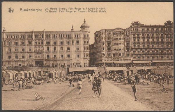 Printed sepia postcard showing a view of the hotels at Blankenberge in West Flanders, Belgium.

Published by Ernest Thill, Bruxelles, Nels, Series 10 No 24, c.1930.

Postally unused.

Good condition, with slight corner bumps.