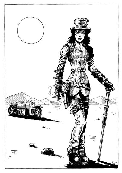 Une bikeuse aux allures Steampunk se repose dans le désert. Elle tient une cigarette dans une main et une canne dans l'autre. Au loin on aperçoit sa moto à l'allure elle aussi rétrofuturiste.

A steampunk-looking biker is resting in the desert. She holds a cigarette in one hand and a cane in the other. In the distance, we can see her motorcycle, which also has a retrofuturistic look.