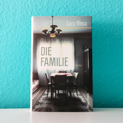 Auf dem Foto ist das Buch "Die Familie" von Sara Mesa vor einer türkisen Wand auf einer weißen Oberfläche fotografiert.