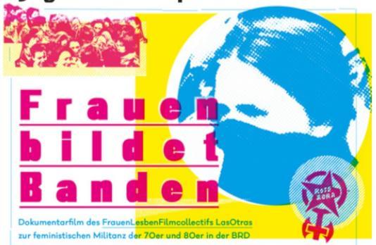 Der Ausschnitt aus dem Einladungsflyer zeigt eine Grafik, das links oben eine Masse Menschen, im rechten Teil eine maskierte Frau und unten rechts das Logo der Roten Zora zeigt. Darüber ist der Filmtitel gelegt.