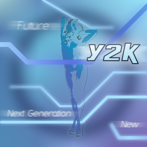A silhouette of a woman in front of a abstract background in a blue y2k style. the Word "Y2K" is written in Front and some other words float in the background.