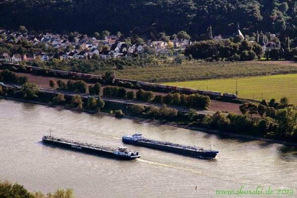 Zwei Frachtschiffe treffen sich auf dem Rhein.
Im Hintergrund ist ein Zug unterwegs.