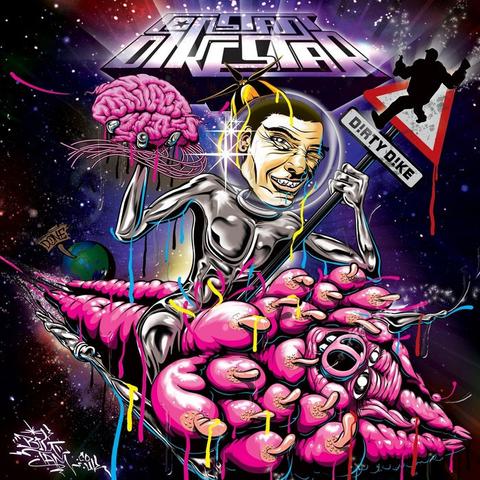 The album cover for Constant Dikestar by Dirty Dike is a richly layered, surreal composition designed by visual artist Big Cartel. At the core, a mechanical humanoid figure perches atop a massive, pink, brain-like mass, which pulses with exaggerated organic texture, ridges, and veins. The creature evokes themes of cognitive intensity, chaos, or uninhibited imagination.
The figure holds a smaller wired brain in one hand—connected by tubes—suggesting a transfer or manipulation of thought. In its other hand, it raises a placard with “Dirty Dike” across it, flanked by a shadowy silhouette that hints at identity or an alter ego. Surrounding this scene is a cosmic tableau: vibrant nebulas, planetary orbs, and swirling celestial elements, imbuing the entire composition with psychedelic and metaphysical undertones.
Hovering above, the album title Constant Dikestar appears in a distorted, futuristic typeface that drips with attitude, complementing the anarchic, genre-defying spirit of Dirty Dik