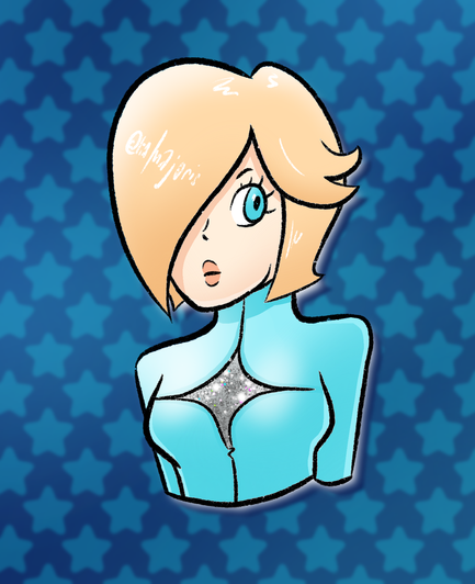 A bust illustration of Rosalina from the Super Mario franchise. Her hair is cut at her chin in a blunt bob. She wears a baby blue catsuit with a glittery silver four-pointed star on her chest.
