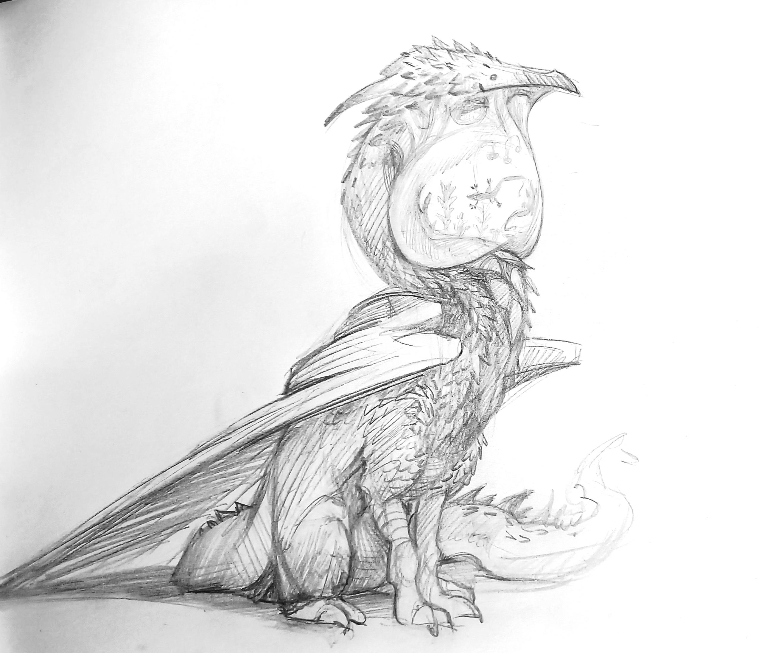Pencil drawing on paper of a dragon with a neck "pouch" (like a pelican or a frog) in which lizards climb around among some plants. For the Smaugust prompt "terrarium", 2025.