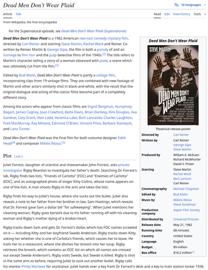 Screenshot von Wikipedia 

Artikel: Dead Men Don't Wear Plaid

Dead Men Don't Wear Plaid is a 1982 American neo-noir comedy-mystery film, directed by Carl Reiner and starring Steve Martin, Rachel Ward and Reiner. Co-written by Reiner, Martin & George Gipe, the film is both a parody of and an homage to film noir and the pulp detective films of the 1940s.[2] The title refers to Martin's character telling a story of a woman obsessed with plaid, a scene which was ultimately cut from the film.[3]

Edited by Bud Molin, Dead Men Don't Wear Plaid is partly a collage film, incorporating clips from 19 vintage films. They are combined with new footage of Martin and other actors similarly shot in black-and-white, with the result that the original dialogue and acting of the classic films become part of a completely different story.

Among the actors who appear from classic films are Ingrid Bergman, Humphrey Bogart, James Cagney, Joan Crawford, Bette Davis, Brian Donlevy, Kirk Douglas, Ava Gardner, Cary Grant, Alan Ladd, Veronica Lake, Burt Lancaster, Charles Laughton, Fred MacMurray, Ray Milland, Edmond O'Brien, Vincent Price, Barbara Stanwyck, and Lana Turner.

Dead Men Don't Wear Plaid was the final film for both costume designer Edith Head[4] and composer Miklós Rózsa.[5]