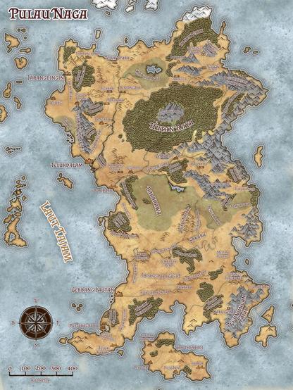 A fantasy map of an island called Pulau Naga with forests, swamps and mountains.